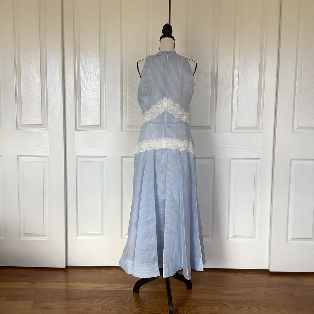Sandro Nathalie Blue White Pinstripe Linen Lace Midi Dress Size 40 NWT - Picture 3 of 16
